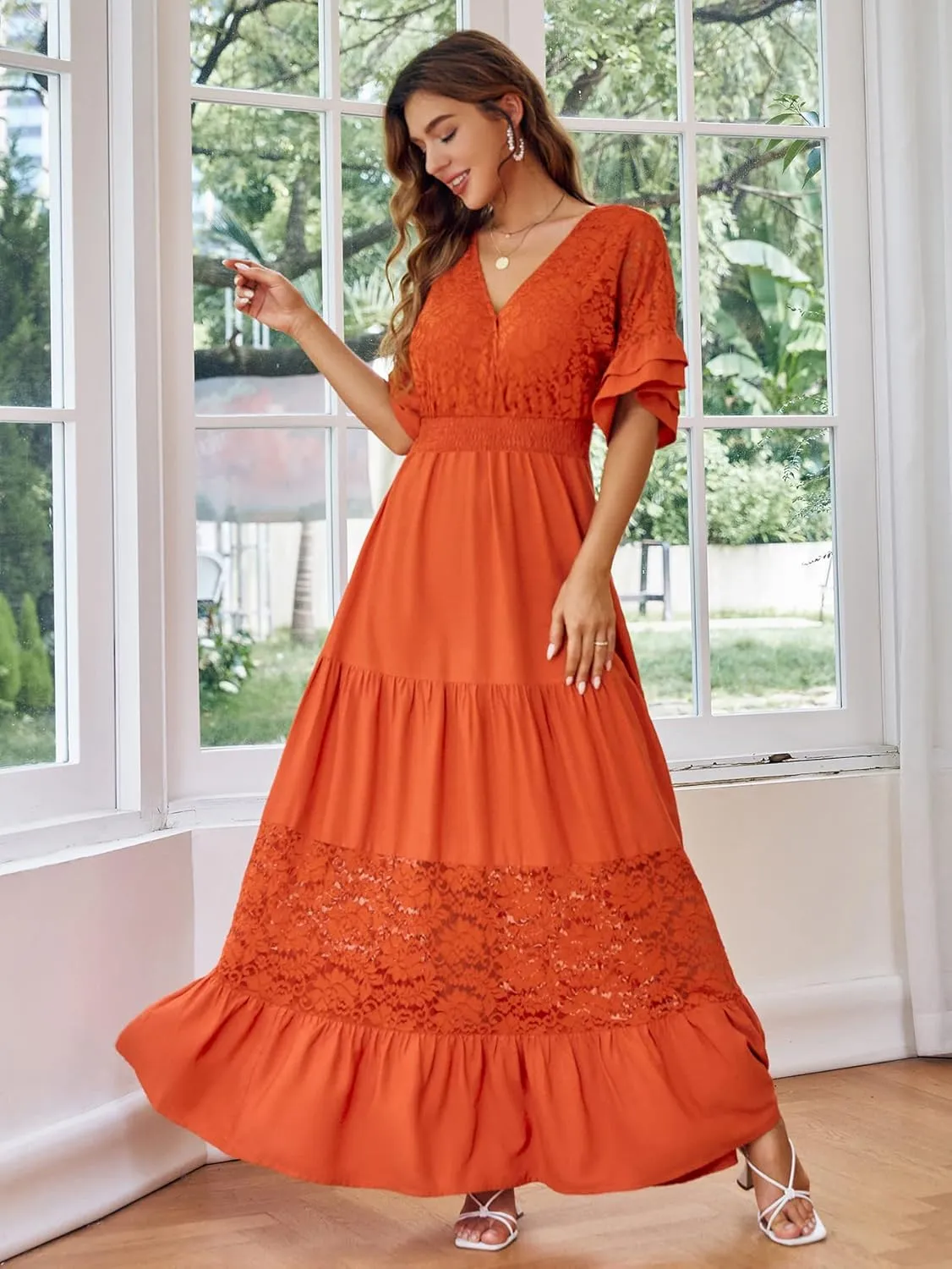 Simplee Women V Neck Formal Lace Maxi Dress Ruffle Flowy Short Sleeve Boho Wedding Guest Long Dress