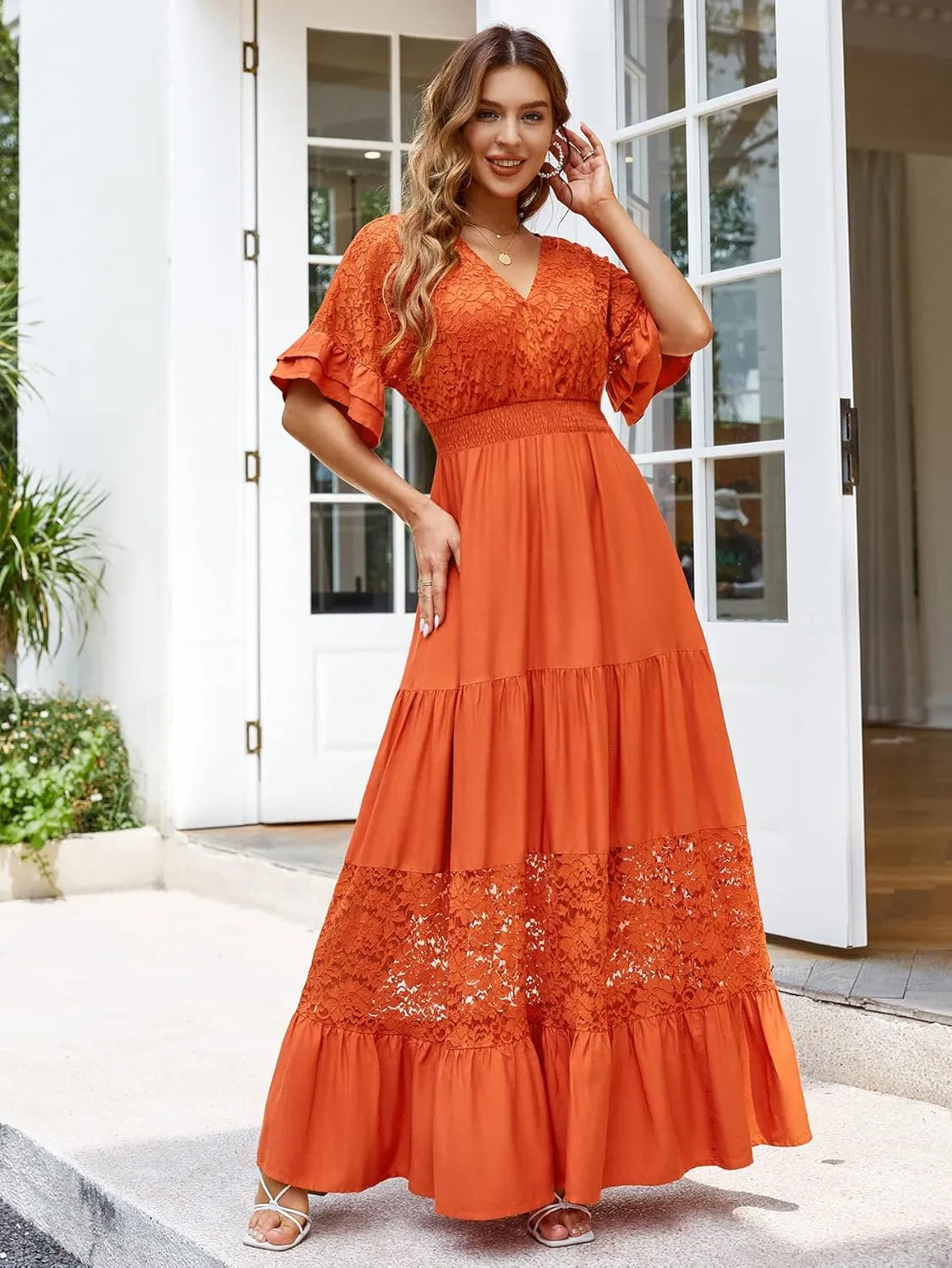 Simplee Women V Neck Formal Lace Maxi Dress Ruffle Flowy Short Sleeve Boho Wedding Guest Long Dress