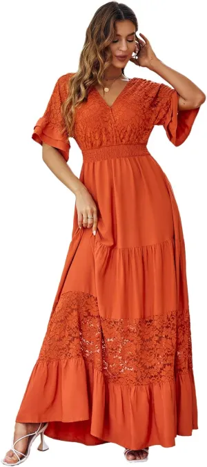 Simplee Women V Neck Formal Lace Maxi Dress Ruffle Flowy Short Sleeve Boho Wedding Guest Long Dress