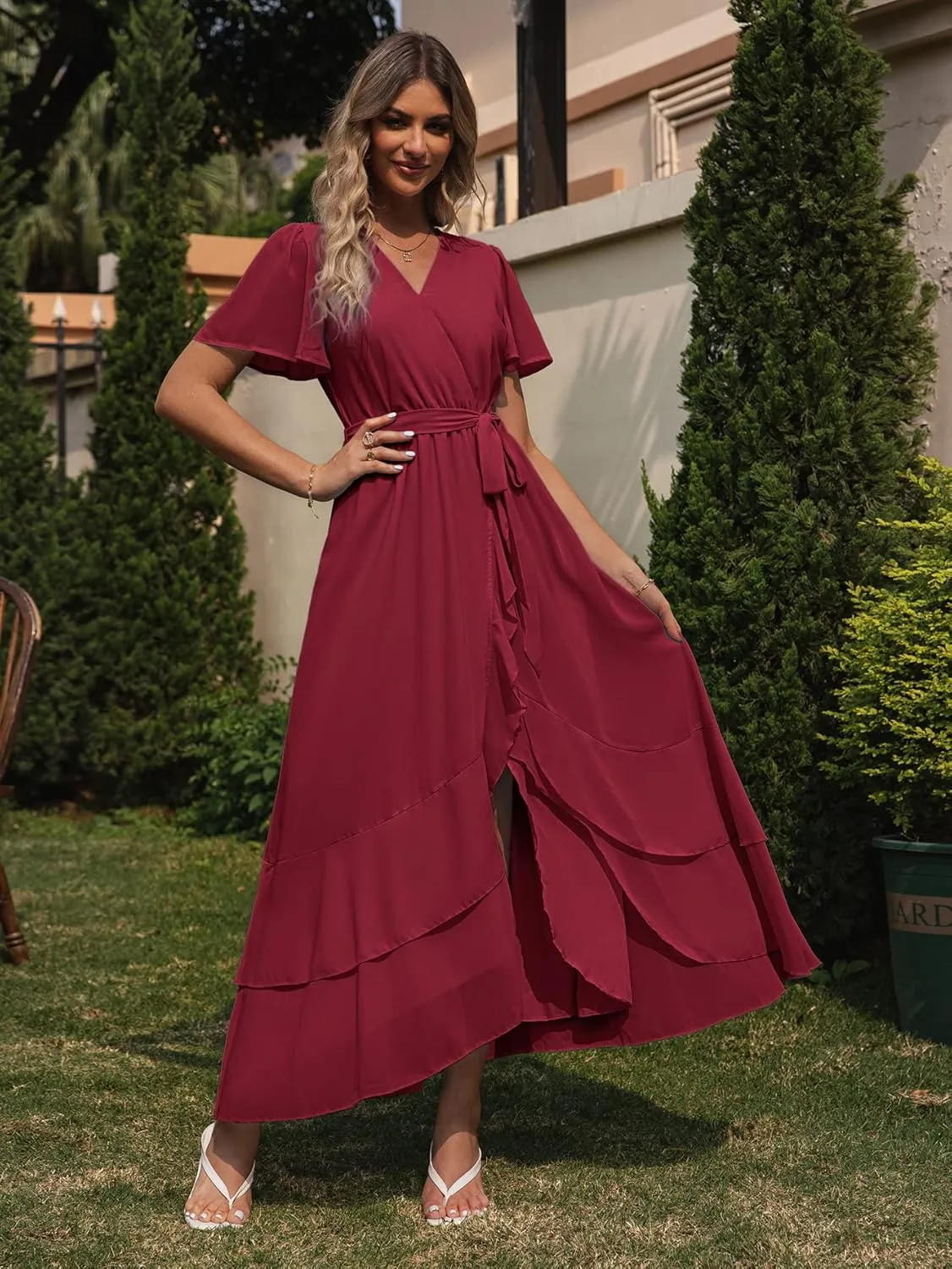 Simplee Womens Solid Chiffon Wrap Formal Maxi Ruffle Split Dress Flowy Bridesmaid Wedding Party Evening Dress with Belt