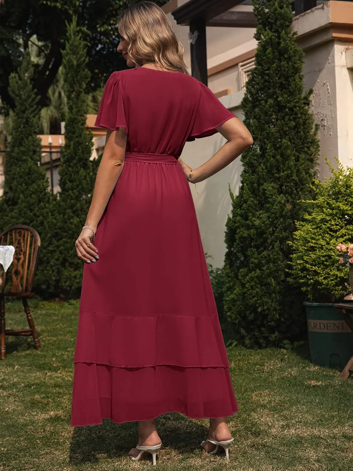 Simplee Womens Solid Chiffon Wrap Formal Maxi Ruffle Split Dress Flowy Bridesmaid Wedding Party Evening Dress with Belt