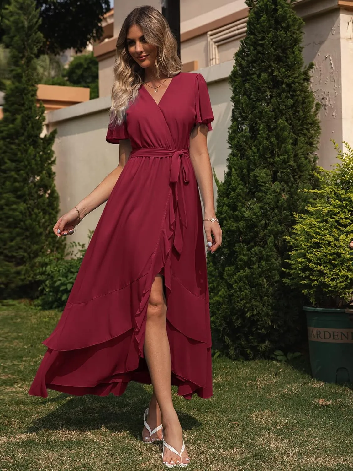 Simplee Womens Solid Chiffon Wrap Formal Maxi Ruffle Split Dress Flowy Bridesmaid Wedding Party Evening Dress with Belt