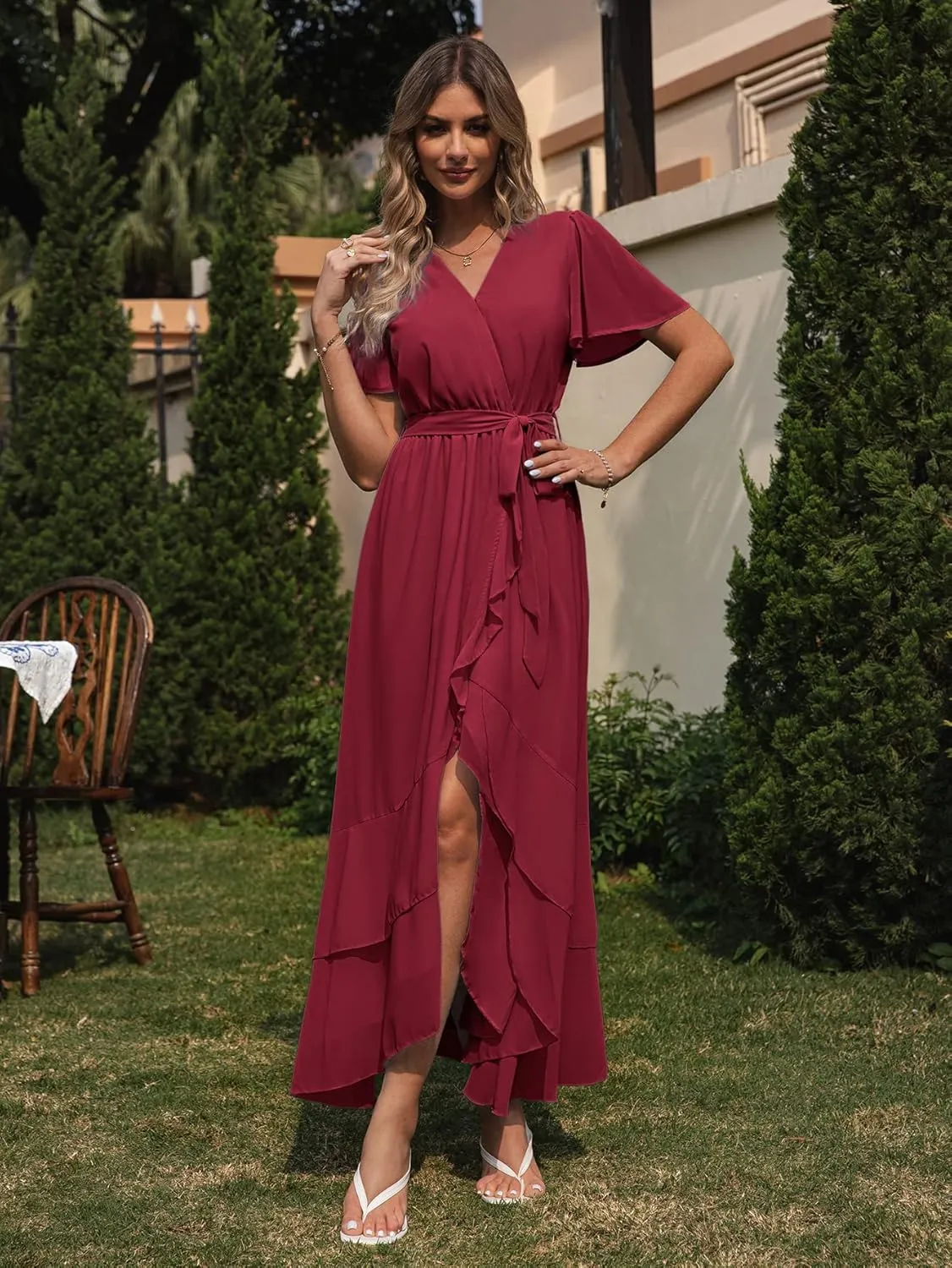 Simplee Womens Solid Chiffon Wrap Formal Maxi Ruffle Split Dress Flowy Bridesmaid Wedding Party Evening Dress with Belt