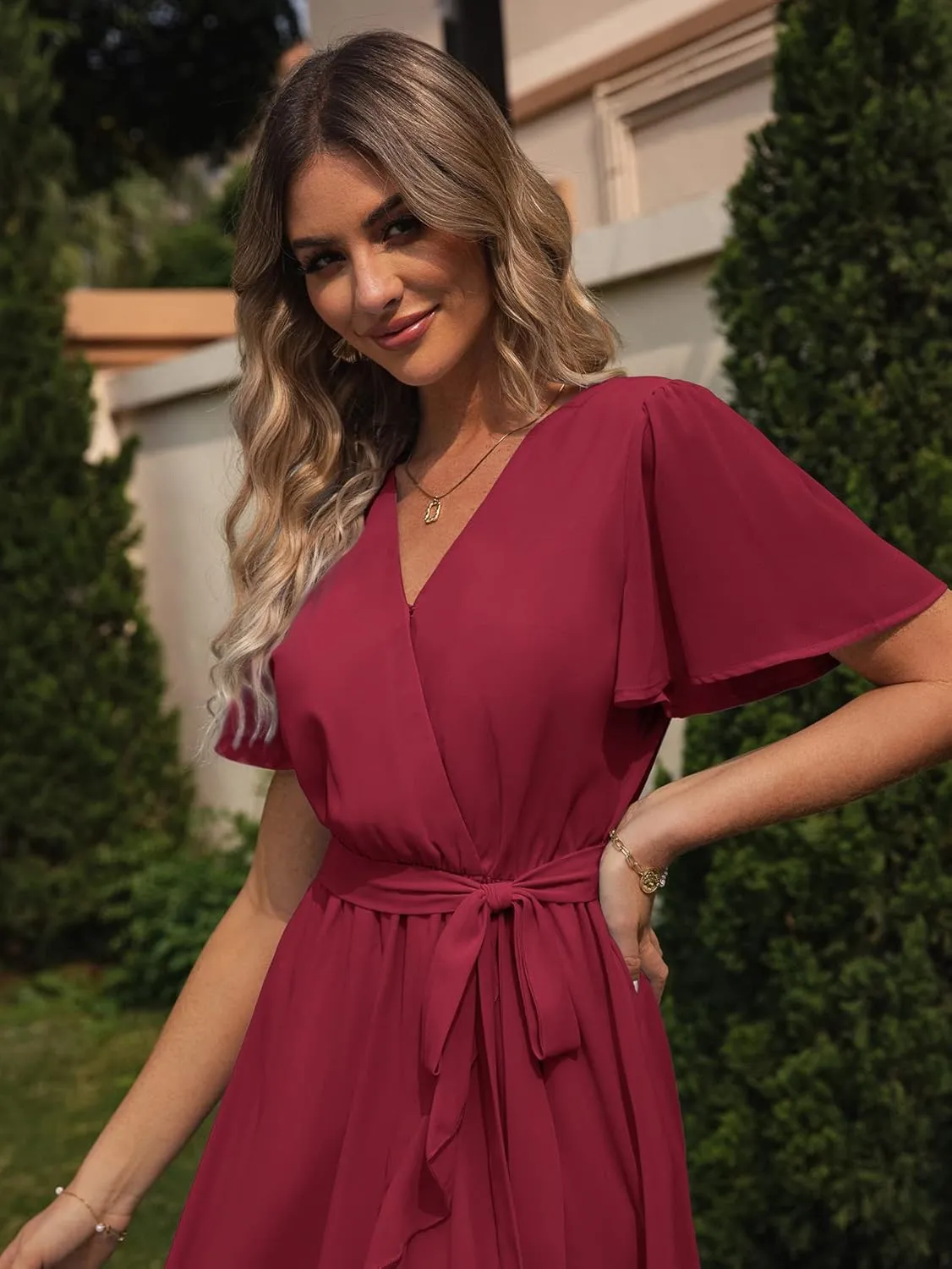 Simplee Womens Solid Chiffon Wrap Formal Maxi Ruffle Split Dress Flowy Bridesmaid Wedding Party Evening Dress with Belt