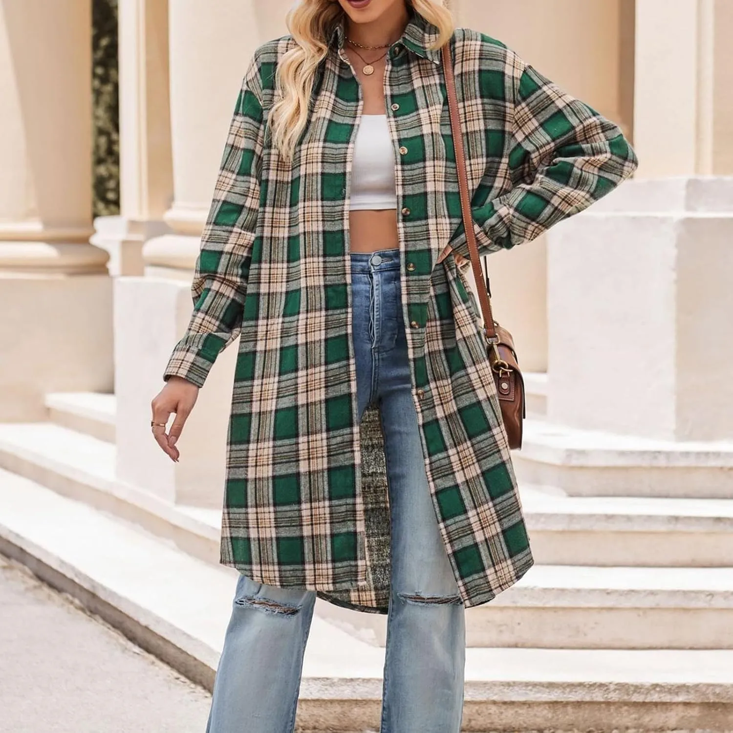 SMIDOW Women's Long Plaid Shirt Coat Tartan Long Jacket Coats Fall Fashion 2023 Thin Tartan Trench Coat Outerwear