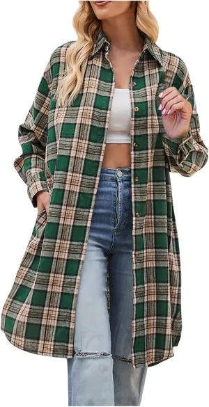 SMIDOW Women's Long Plaid Shirt Coat Tartan Long Jacket Coats Fall Fashion 2023 Thin Tartan Trench Coat Outerwear
