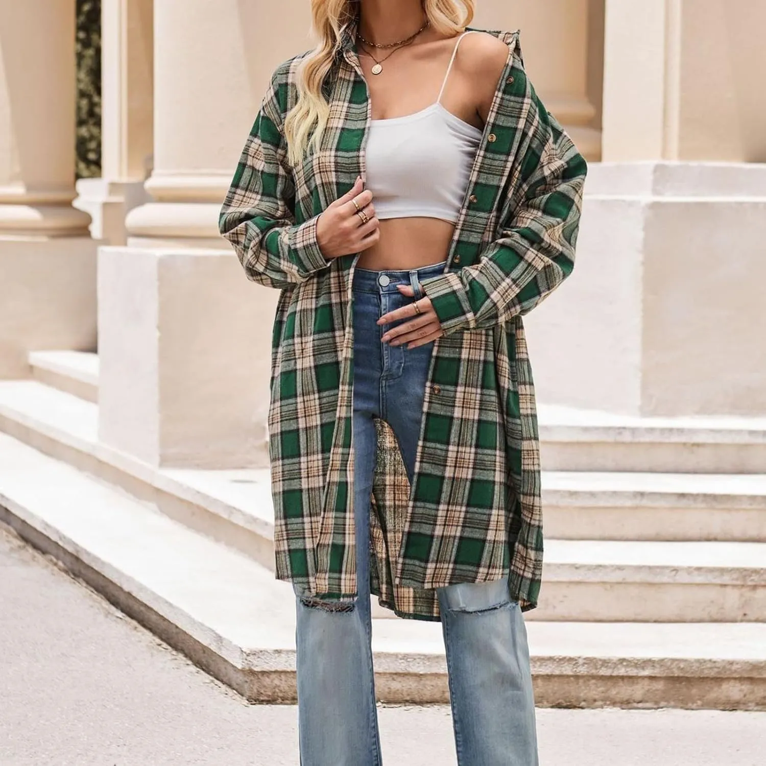 SMIDOW Women's Long Plaid Shirt Coat Tartan Long Jacket Coats Fall Fashion 2023 Thin Tartan Trench Coat Outerwear
