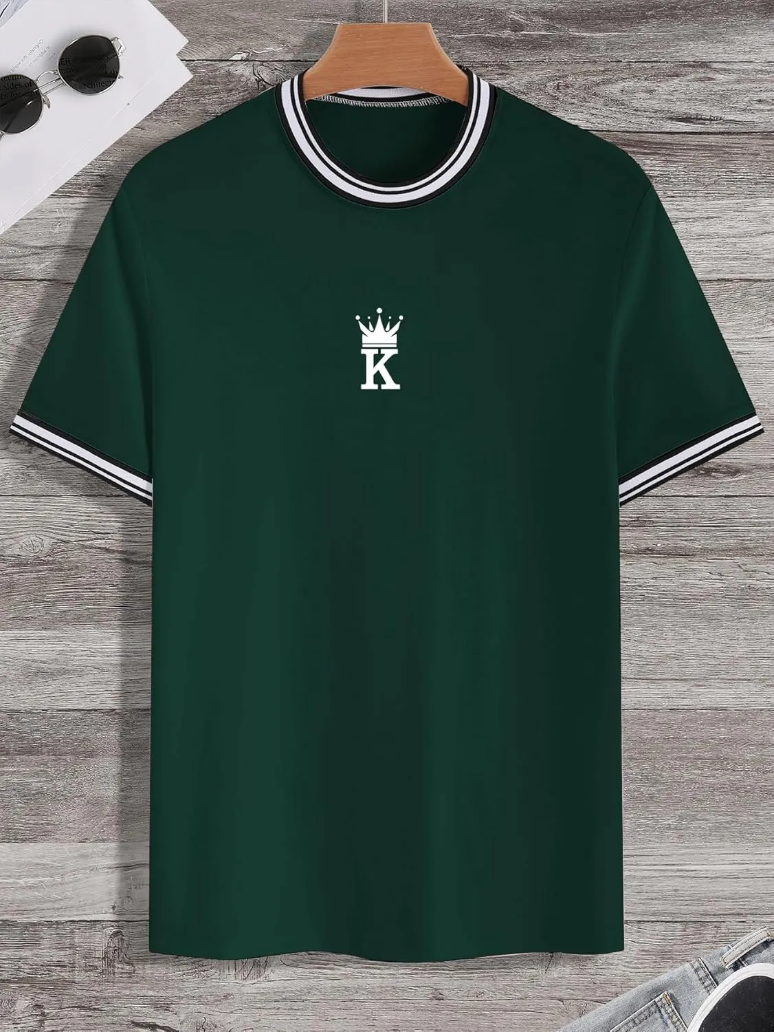 SOLY HUX Men's Crown Letter Print Striped Trim Tee Tops Short Sleeve Crew Neck Summer T Shirt