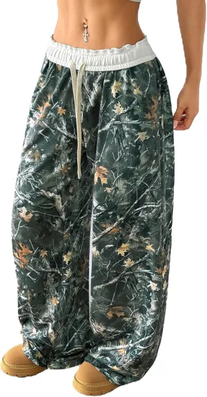 SOLY HUX Women's Camo Pants Wide Leg Baggy Sweatpants Elastic Waist Drawstring Loose Pants Trendy Y2K Drawstring Trousers