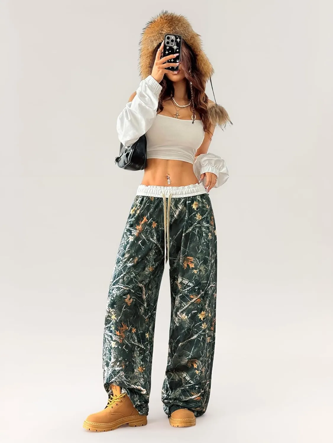 SOLY HUX Women's Camo Pants Wide Leg Baggy Sweatpants Elastic Waist Drawstring Loose Pants Trendy Y2K Drawstring Trousers