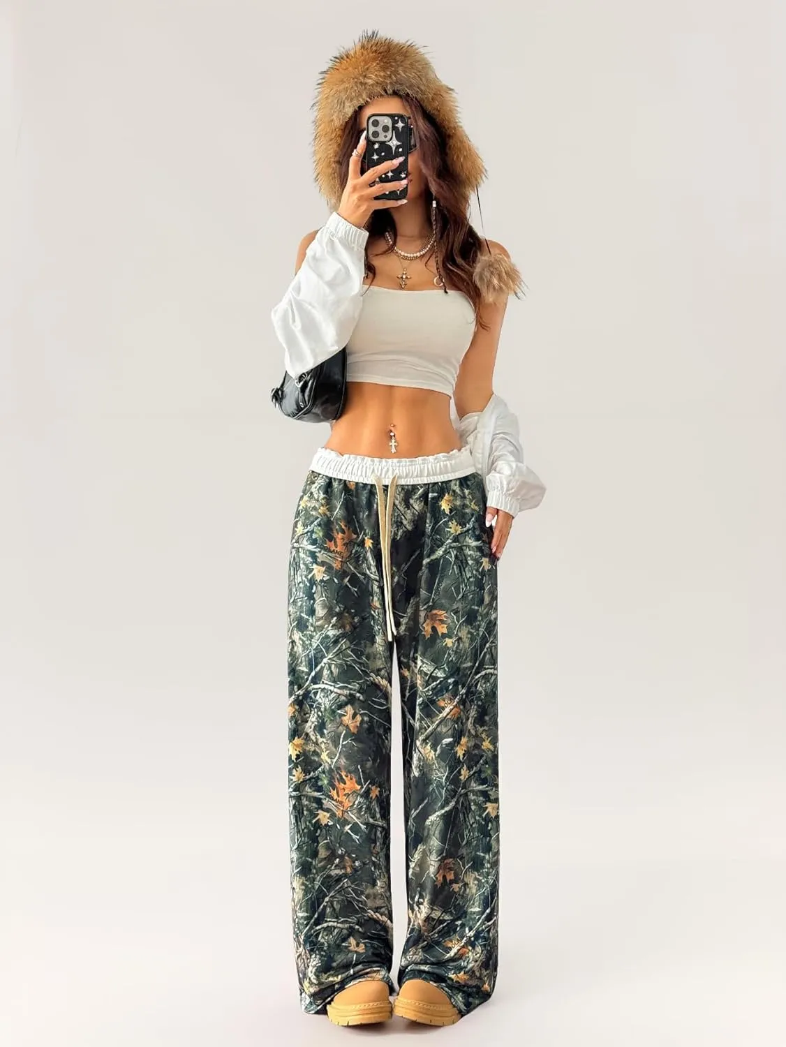 SOLY HUX Women's Camo Pants Wide Leg Baggy Sweatpants Elastic Waist Drawstring Loose Pants Trendy Y2K Drawstring Trousers