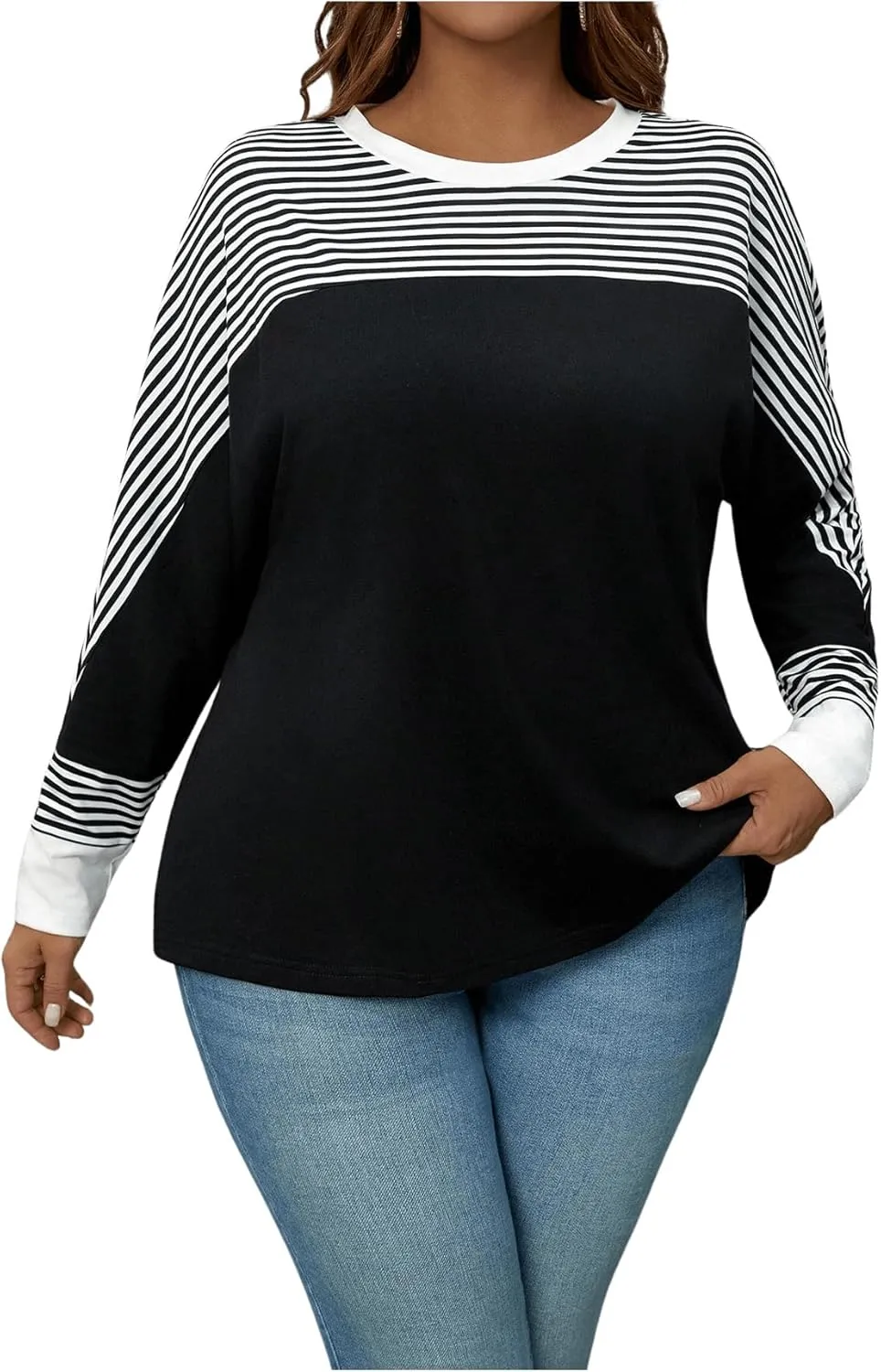 SOLY HUX Women's Plus Size Striped Long Sleeve T-Shirt Color Block Crew Neck Tee Shirt Tops