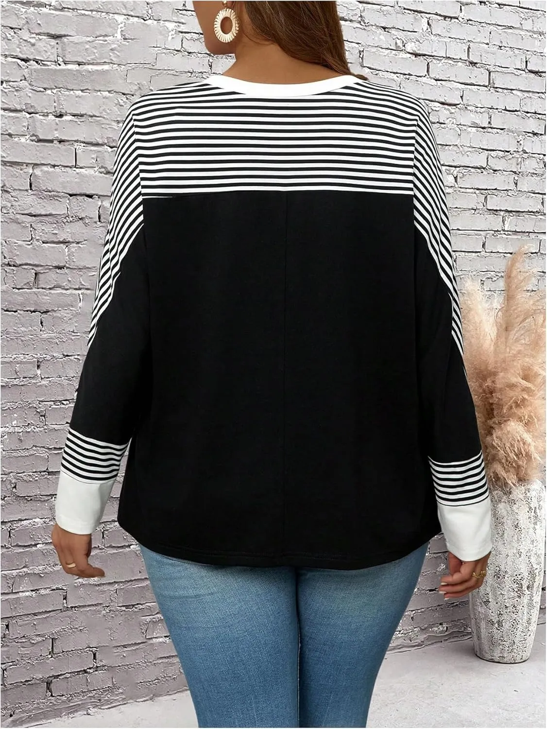SOLY HUX Women's Plus Size Striped Long Sleeve T-Shirt Color Block Crew Neck Tee Shirt Tops