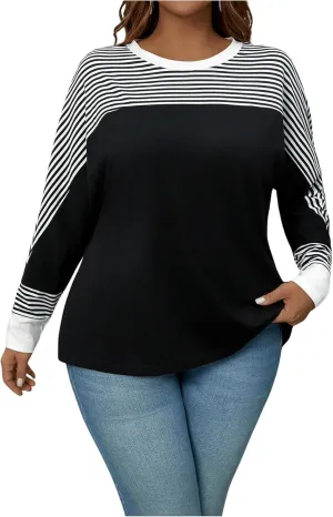 SOLY HUX Women's Plus Size Striped Long Sleeve T-Shirt Color Block Crew Neck Tee Shirt Tops