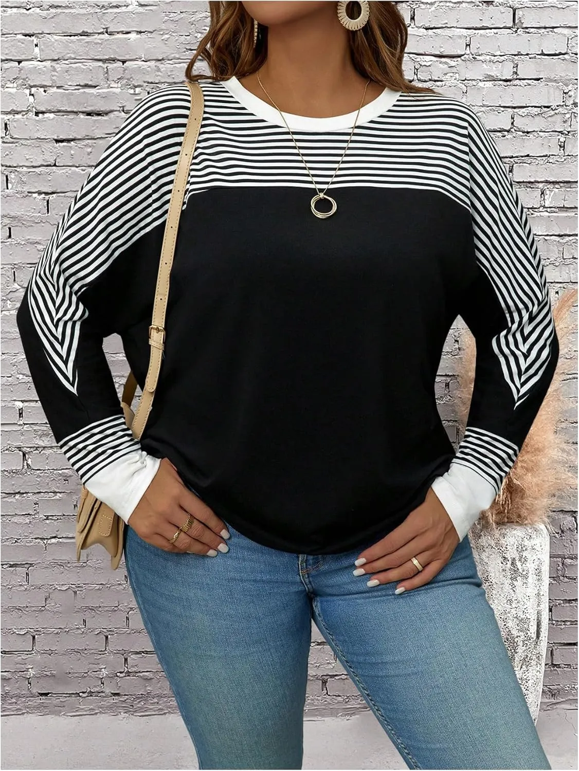 SOLY HUX Women's Plus Size Striped Long Sleeve T-Shirt Color Block Crew Neck Tee Shirt Tops