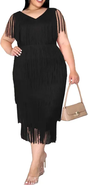 SOMTHRON Women's Plus Size 1920s Flapper Dress Sleeveless Deep V Neck Fringe All Over Tassel Tiered Prom Party Midi Dress