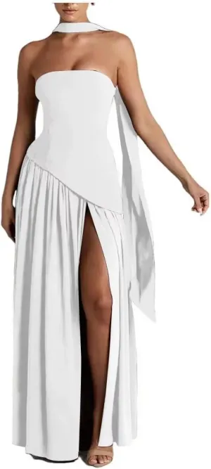Strapless Bridesmaid Dress with Scarf Chiffon Long Formal Prom Dresses Evening Gowns with Slit