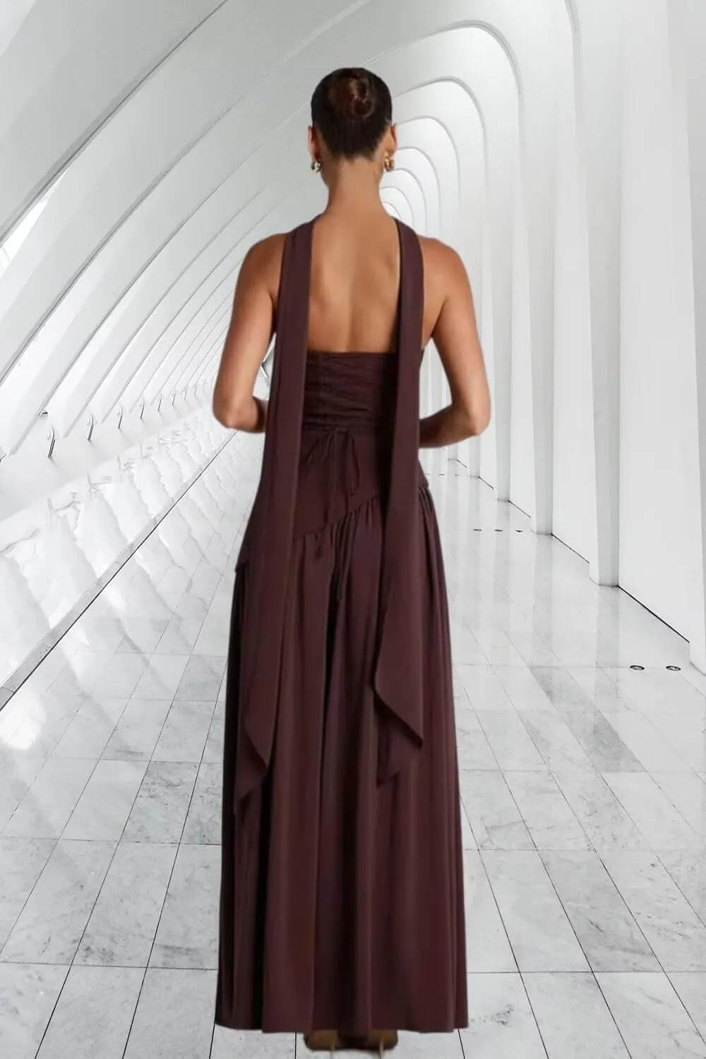 Strapless Bridesmaid Dress with Scarf Chiffon Long Formal Prom Dresses Evening Gowns with Slit