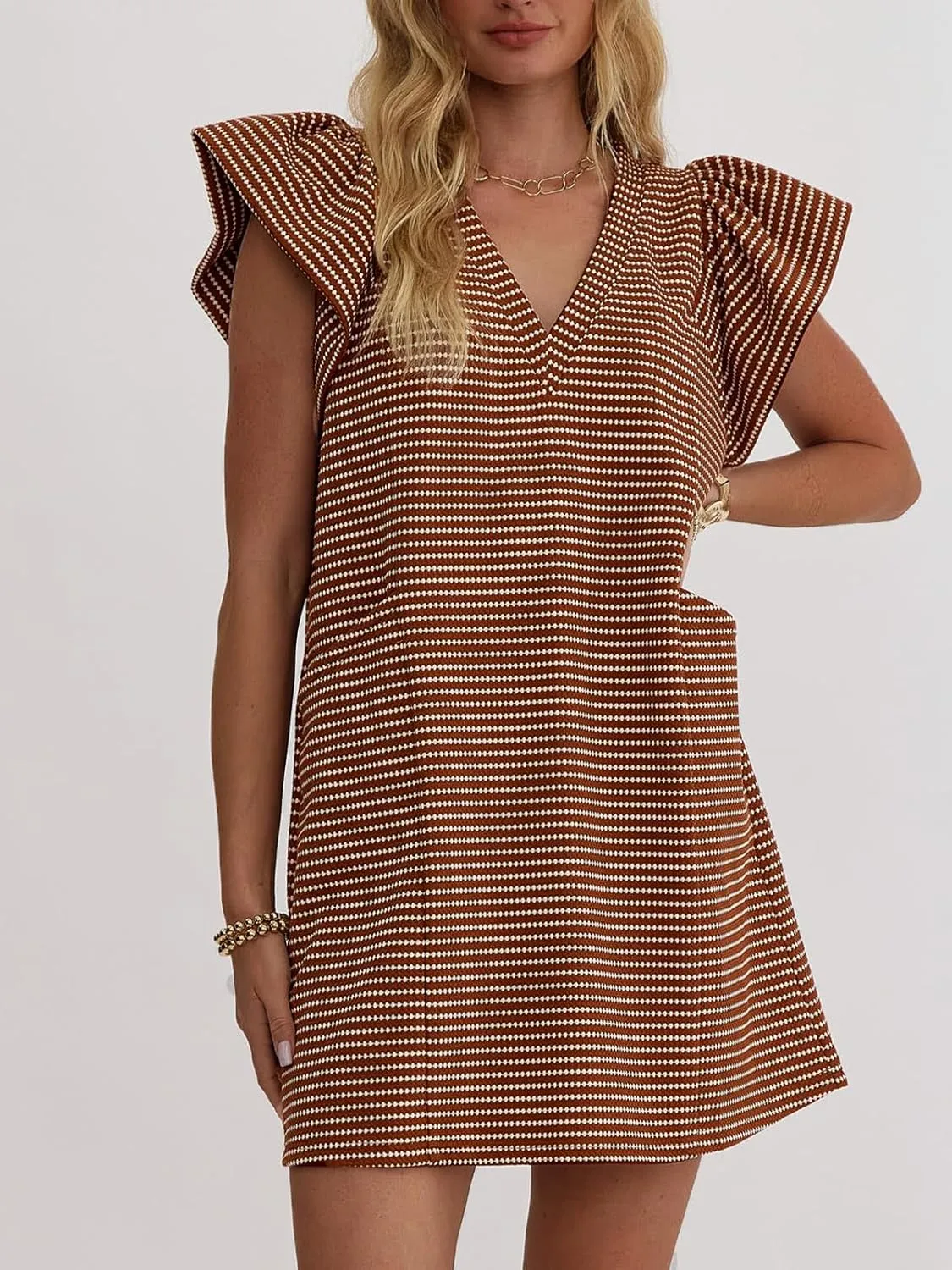 Striped V-Neck Mini Dress for Women Puff Sleeve Casual Dress with Pockets, Comfortable & Stylish for Summer