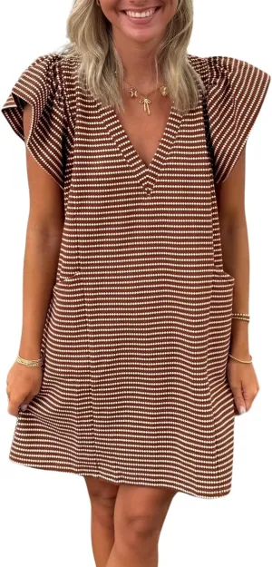 Striped V-Neck Mini Dress for Women Puff Sleeve Casual Dress with Pockets, Comfortable & Stylish for Summer