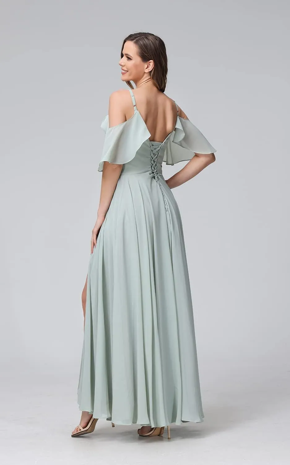 Stylefun Women's Cold Shoulder Chiffon Bridesmaids Dresses 2025 with Slit Long Formal Party Dress for Junior CYM058