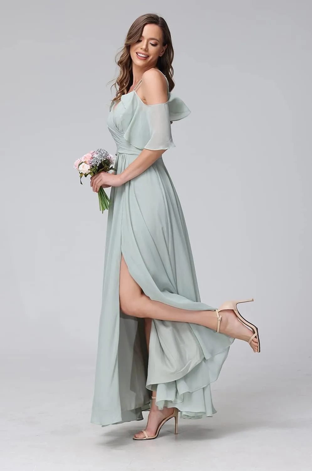 Stylefun Women's Cold Shoulder Chiffon Bridesmaids Dresses 2025 with Slit Long Formal Party Dress for Junior CYM058