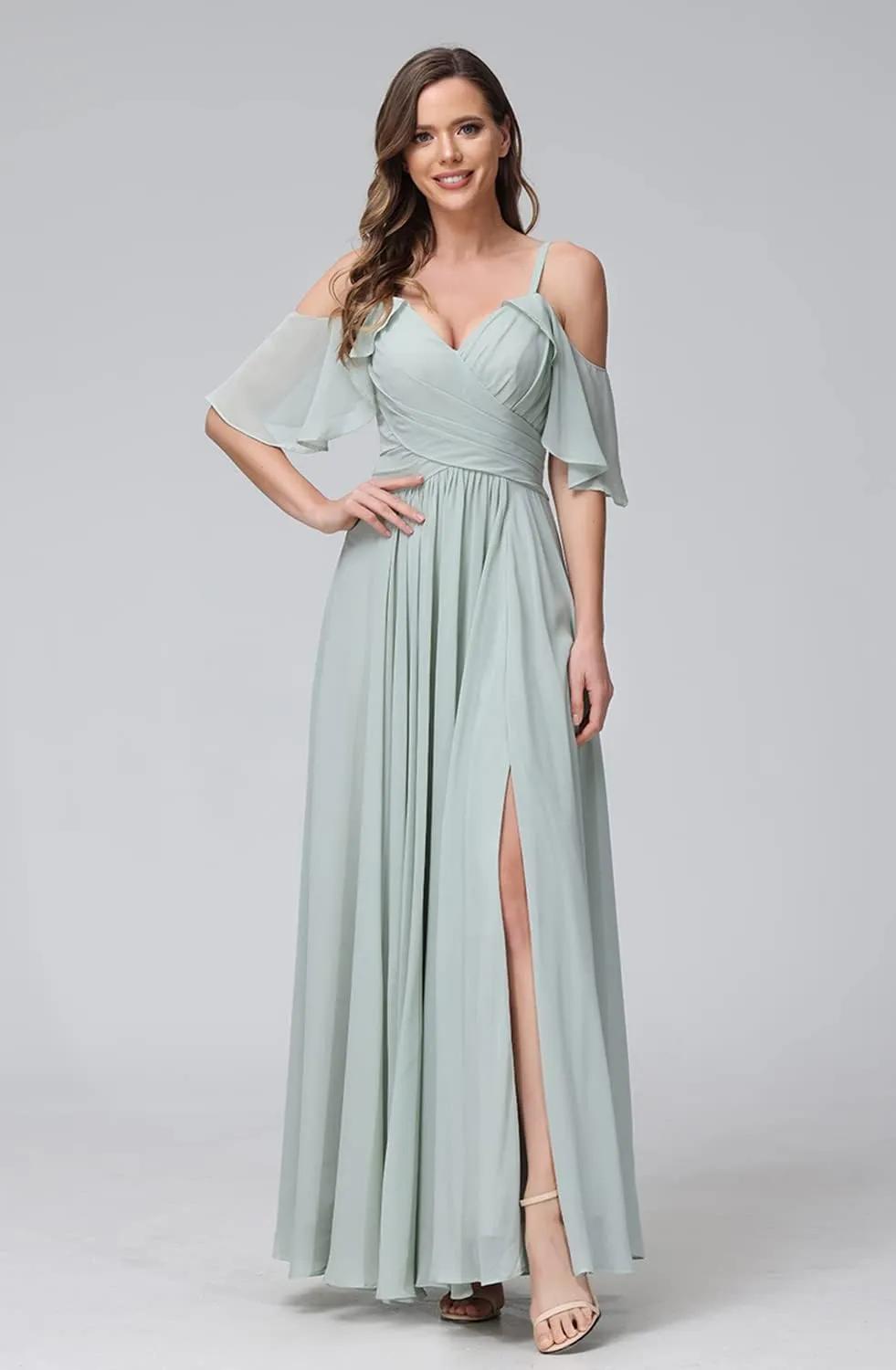 Stylefun Women's Cold Shoulder Chiffon Bridesmaids Dresses 2025 with Slit Long Formal Party Dress for Junior CYM058