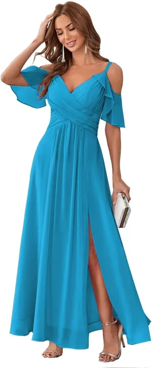 Stylefun Women's Cold Shoulder Chiffon Bridesmaids Dresses 2025 with Slit Long Formal Party Dress for Junior CYM058