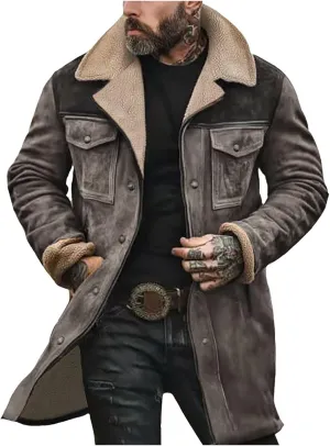 Suede Jacket Men, Men's Vintage Suede Jacket Plush Collar Coats Faux Leather Jacket Men Zip Up Motorcycle Jacket Coat
