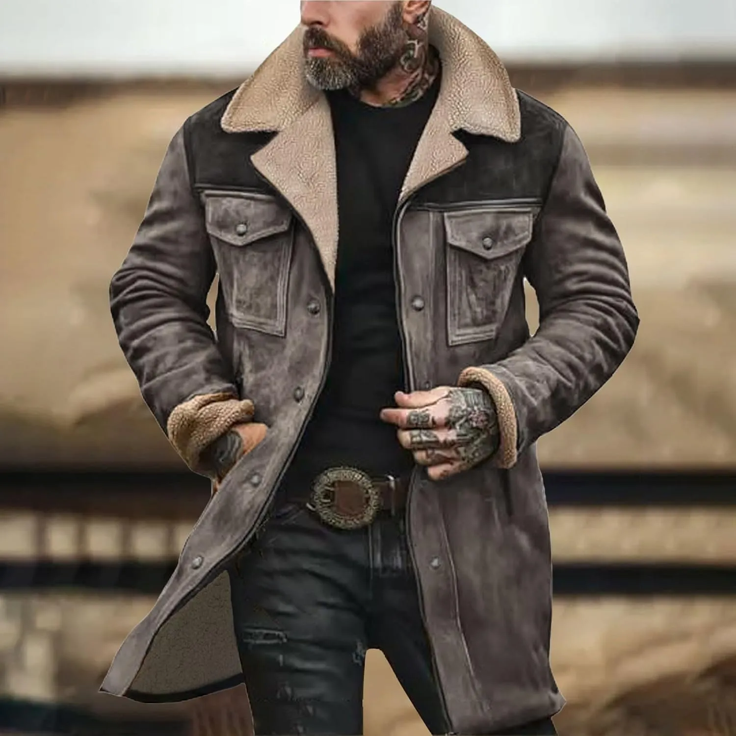 Suede Jacket Men, Men's Vintage Suede Jacket Plush Collar Coats Faux Leather Jacket Men Zip Up Motorcycle Jacket Coat