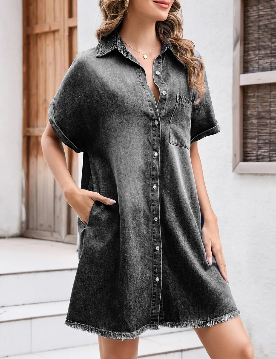Summer Denim Dress for Women Short Sleeve Button Down Casual Western Jean Dresses