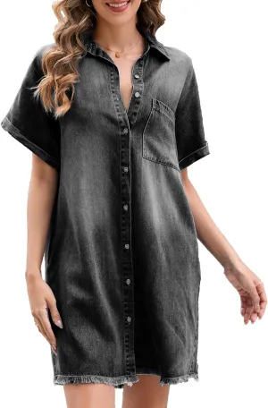 Summer Denim Dress for Women Short Sleeve Button Down Casual Western Jean Dresses