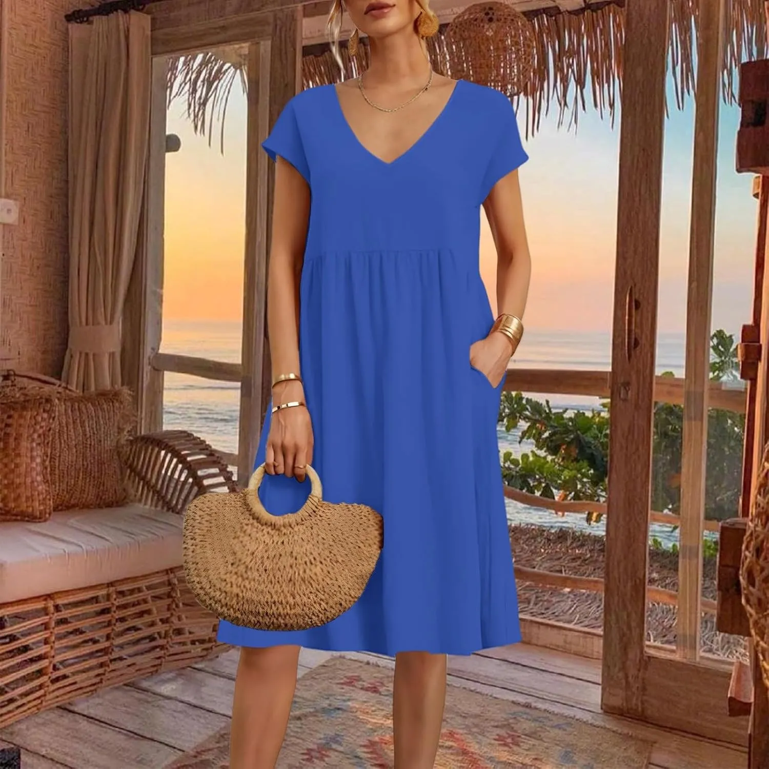 Summer Dresses for Women 2025 Casual V Neck Cotton Linen Dress Plus Size Comfy Flowy Beach Vacation Midi Sundresses