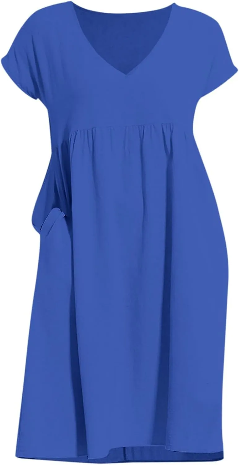 Summer Dresses for Women 2025 Casual V Neck Cotton Linen Dress Plus Size Comfy Flowy Beach Vacation Midi Sundresses