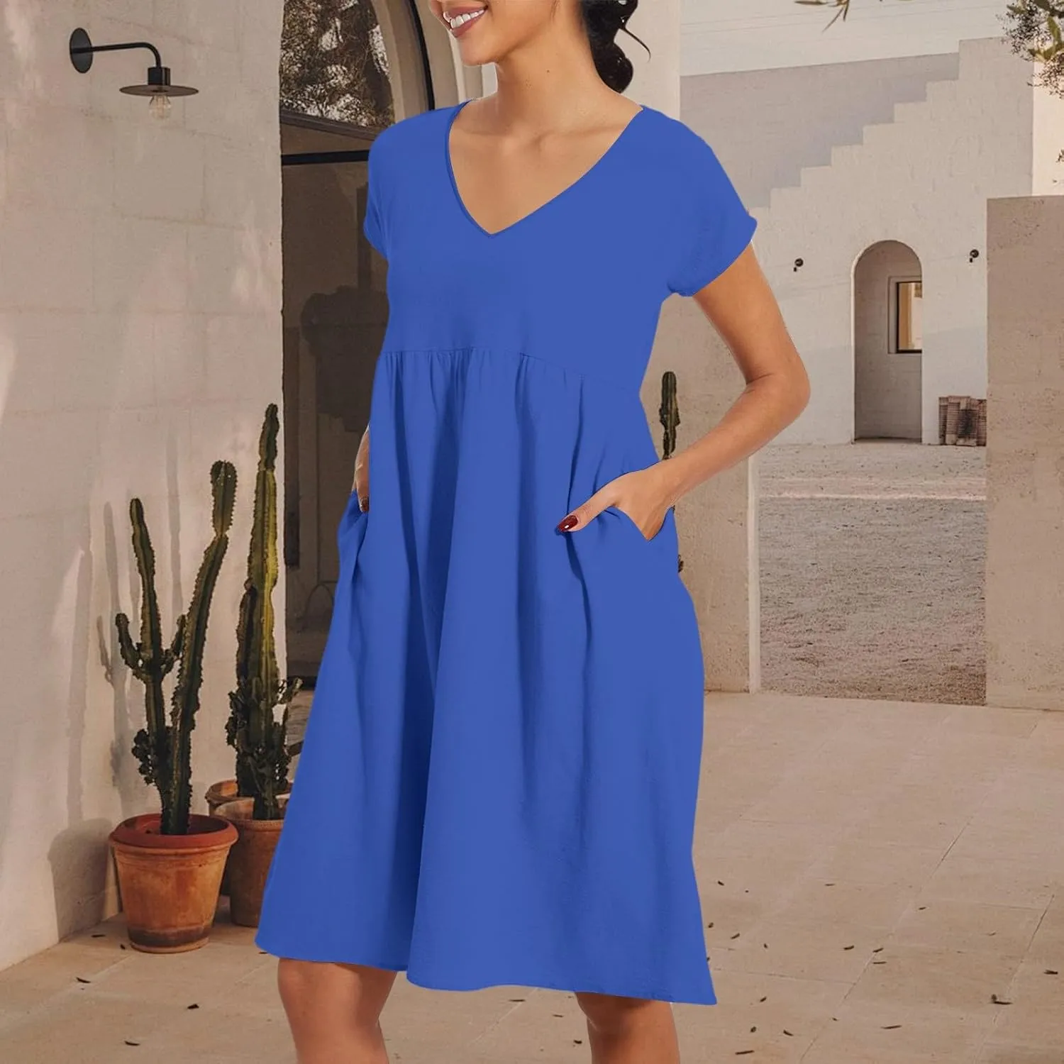 Summer Dresses for Women 2025 Casual V Neck Cotton Linen Dress Plus Size Comfy Flowy Beach Vacation Midi Sundresses