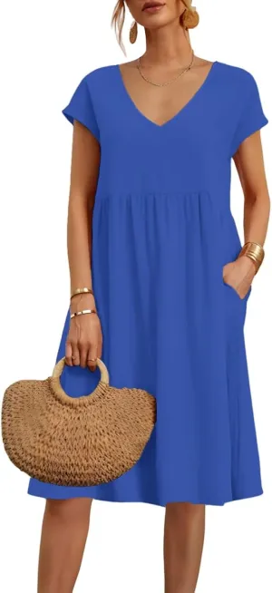 Summer Dresses for Women 2025 Casual V Neck Cotton Linen Dress Plus Size Comfy Flowy Beach Vacation Midi Sundresses