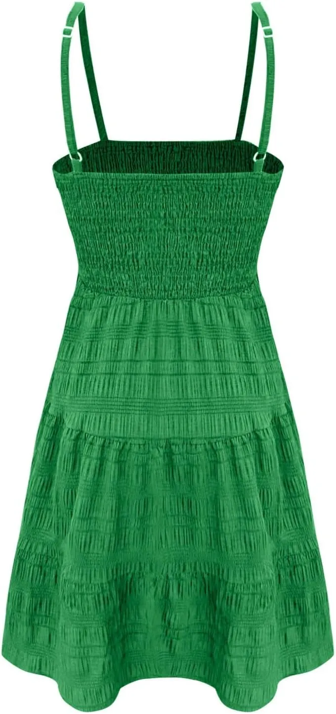 Summer Dresses for Women 2025 Cute Square Neck Spaghetti Strap Mini Dress Casual Pleated Flowy A Line Beach Sundress