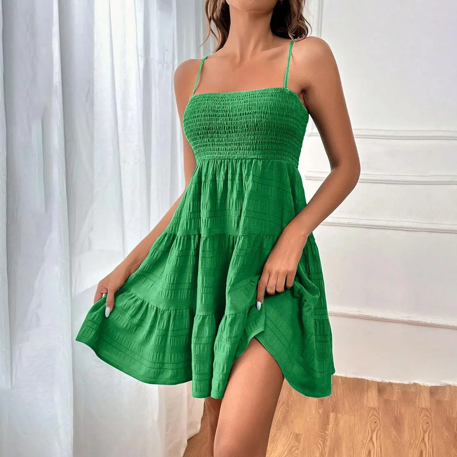 Summer Dresses for Women 2025 Cute Square Neck Spaghetti Strap Mini Dress Casual Pleated Flowy A Line Beach Sundress