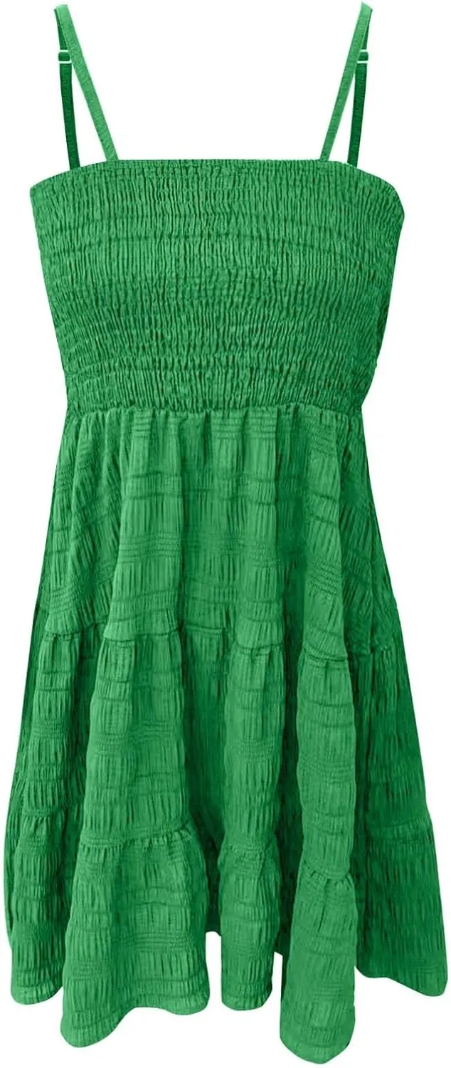 Summer Dresses for Women 2025 Cute Square Neck Spaghetti Strap Mini Dress Casual Pleated Flowy A Line Beach Sundress