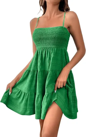 Summer Dresses for Women 2025 Cute Square Neck Spaghetti Strap Mini Dress Casual Pleated Flowy A Line Beach Sundress