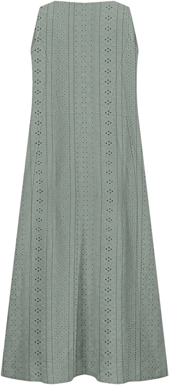 Summer Eyelet Dresses for Women Casual Sleeveless Maxi Dress Crewneck Long Beach Dress Spring Fashion Vacation Outfits