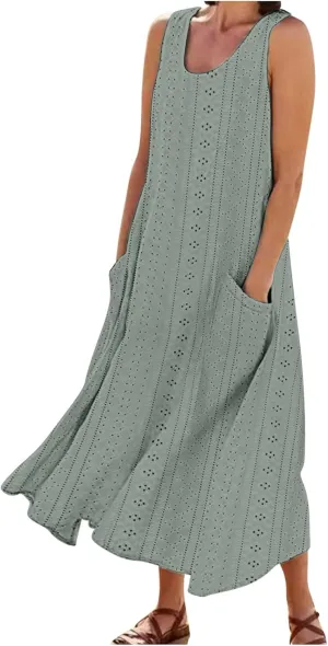 Summer Eyelet Dresses for Women Casual Sleeveless Maxi Dress Crewneck Long Beach Dress Spring Fashion Vacation Outfits