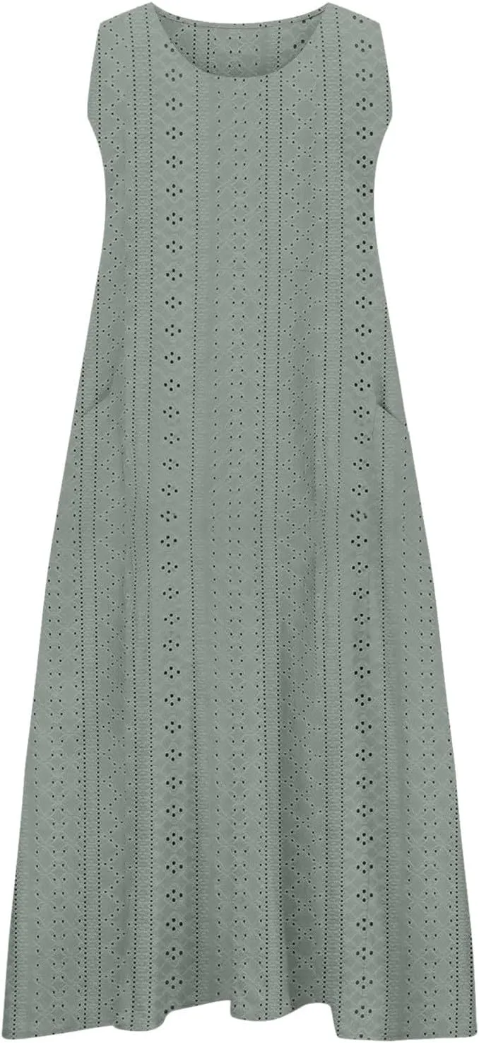 Summer Eyelet Dresses for Women Casual Sleeveless Maxi Dress Crewneck Long Beach Dress Spring Fashion Vacation Outfits