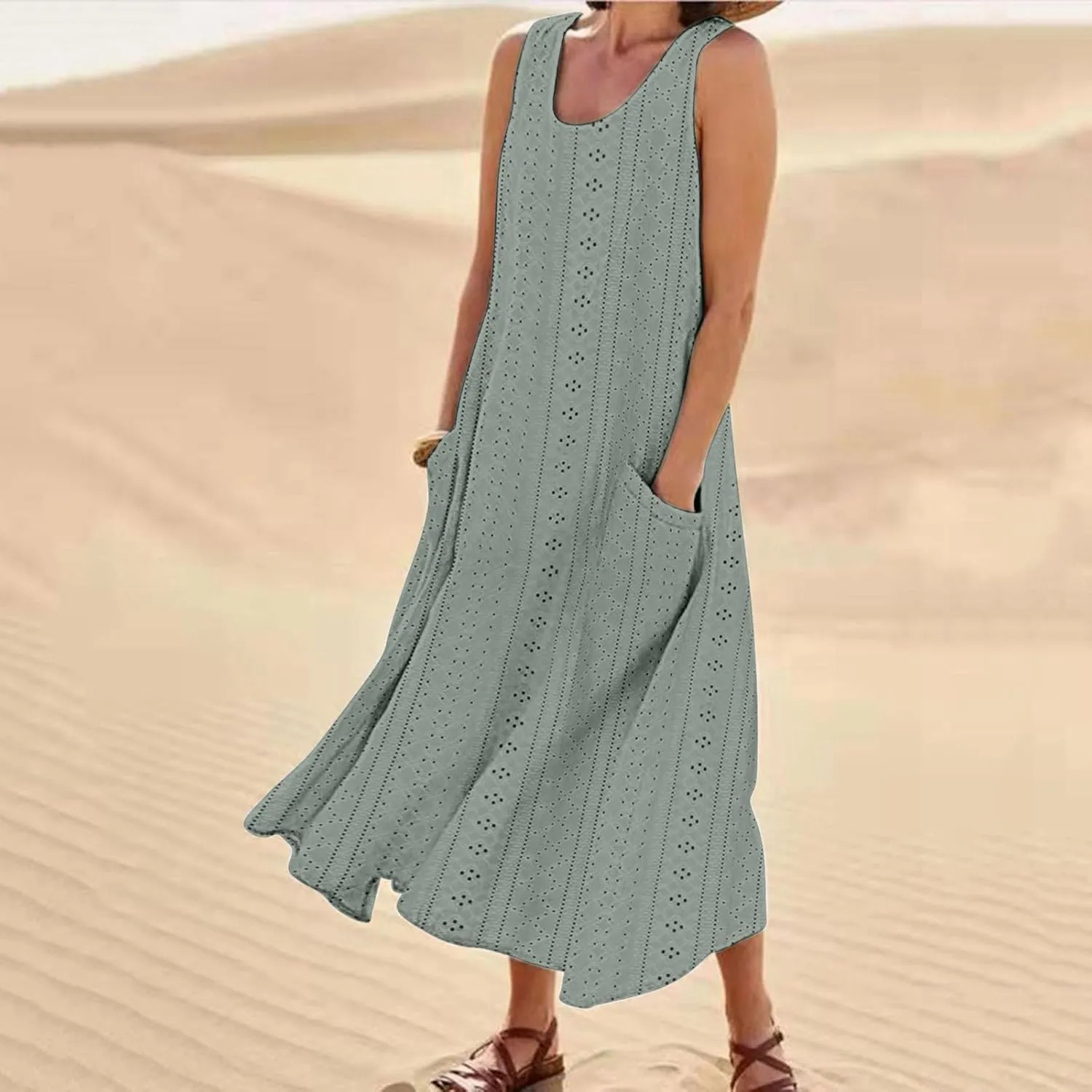 Summer Eyelet Dresses for Women Casual Sleeveless Maxi Dress Crewneck Long Beach Dress Spring Fashion Vacation Outfits