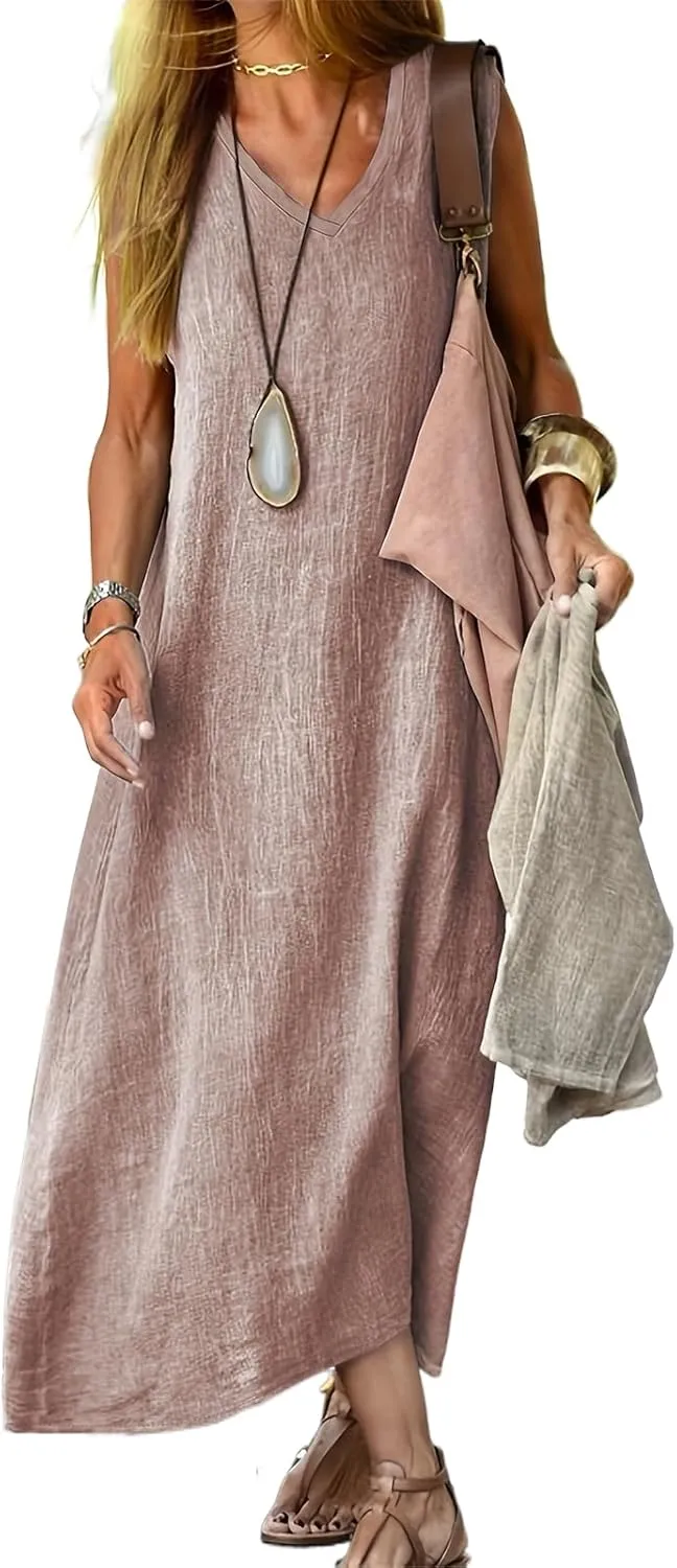 Summer Linen Dress for Women 2024 Casual Cotton Sleeveless Flowy Midi Dress Loose Beach Sundresses Plus Size