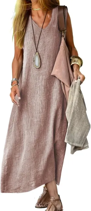 Summer Linen Dress for Women 2024 Casual Cotton Sleeveless Flowy Midi Dress Loose Beach Sundresses Plus Size