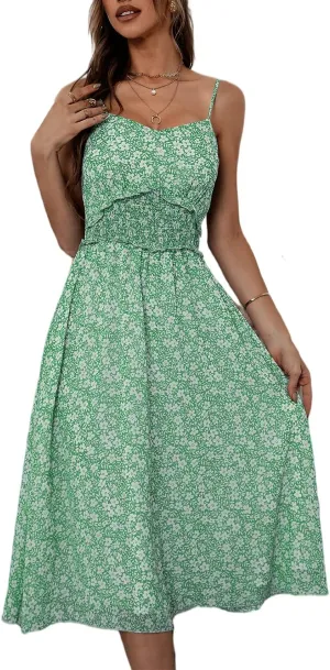 Summer Midi Dress for Women Spaghetti Strap V Neck Floral Sundress a Line Swing Beach Dress A-Green