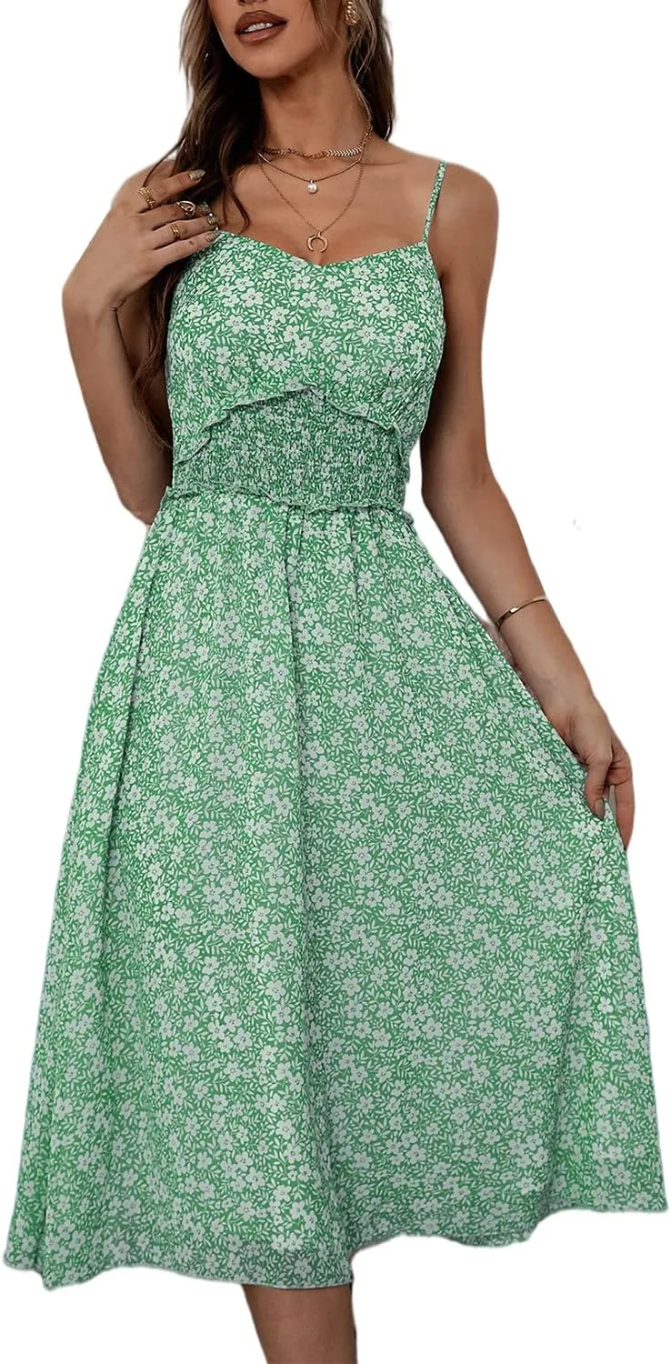 Summer Midi Dress for Women Spaghetti Strap V Neck Floral Sundress a Line Swing Beach Dress A-Green