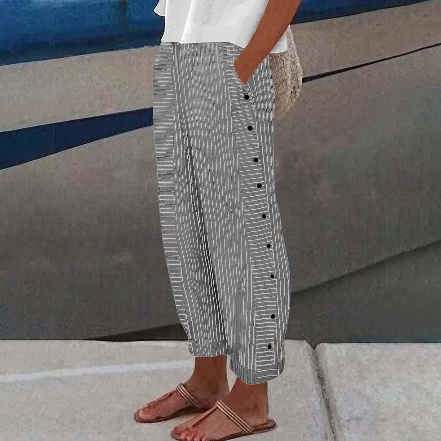 Summer Pants Women, Straight Leg Casual Pants Peasant Linen Elastic Waist Trendy