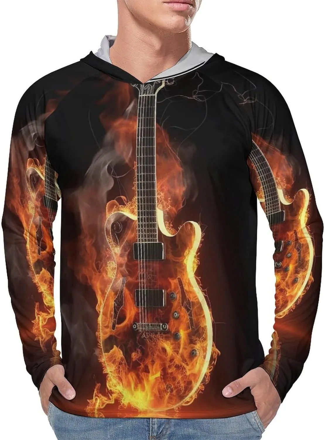 Sun Protection Shirt Long Sleeve Hoodie Fire Guitar Lightweight Rash Guard Quick Dry Sun Shirt for Outdoor
